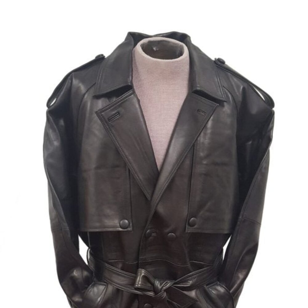 Men’s Heavy Duty Double Breasted Premium Leather Black Trench Coat Big